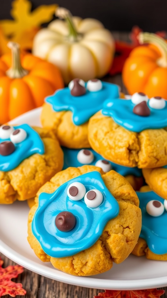Plate of Cookie Monster Pumpkin Cookies with blue frosting and chocolate chips, surrounded by fall decorations.